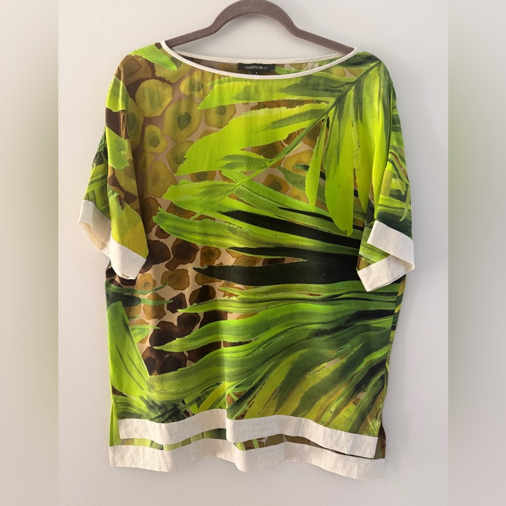 Lafayette‎ 148 100% Silk Short Sleeve Palm Print Top size 8